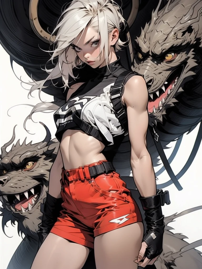 nijistyle, A muscular 35-year-old warrior woman almost naked in the Simon Bisley style for the cover of Heavy Metal magazine, hair half black half white, Minimum clothing, Short clothes,