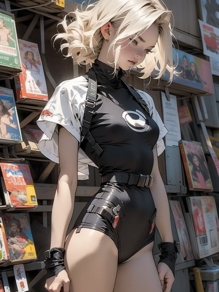 nijistyle, Uma guerreira mulher de 35 anos musculosa quase nua no estilo Simon Bisley para a capa da revista Heavy Metal, ((( cabelo loiro curto))), (((short cut))), Minimum clothing, Tiny thong, nijistyle
