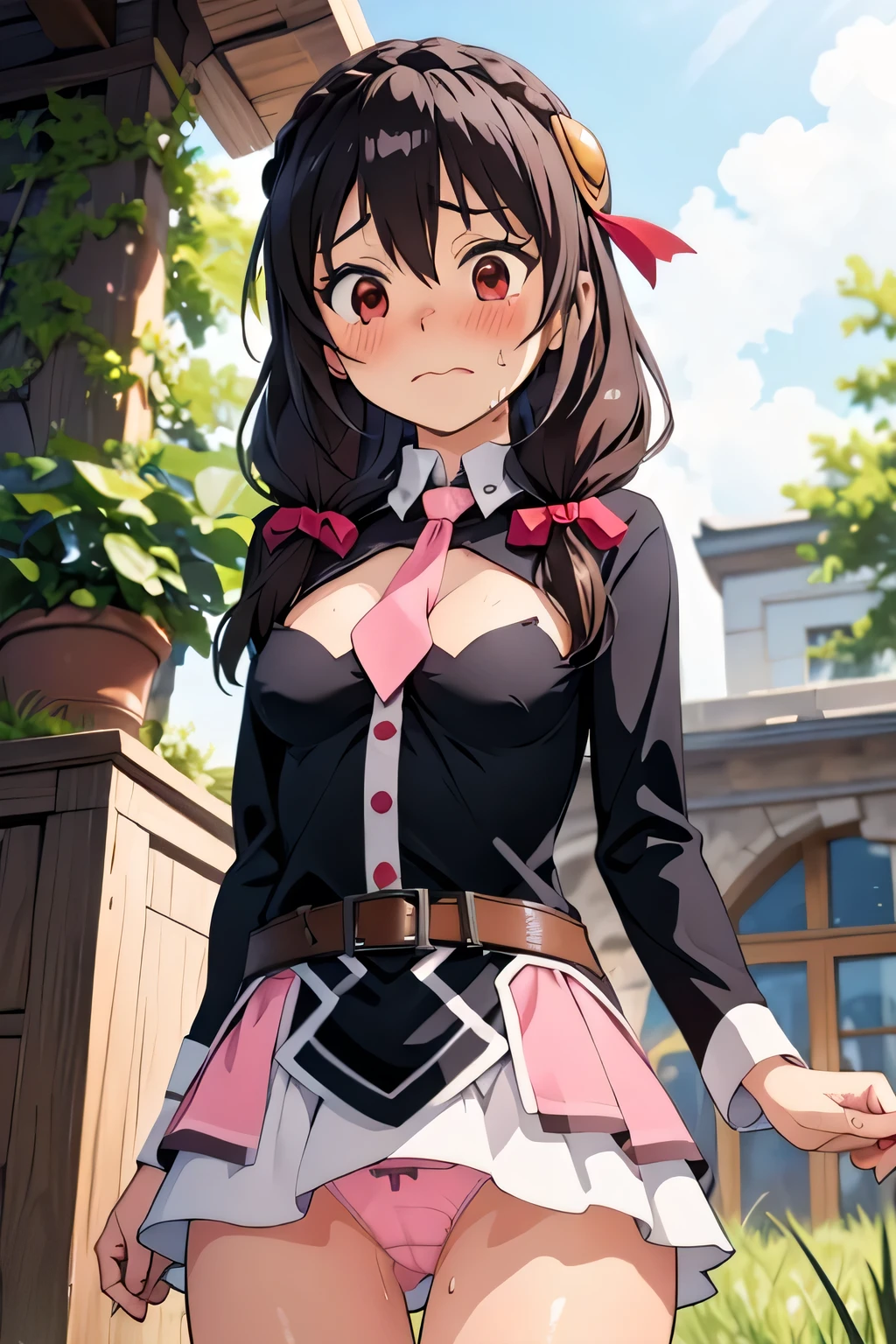 (masterpiece, highest quality), One girl, Yunyun,Long Hair,Braiding,Twin tails,Hair between the eyes,Hair Ribbon,hair ornaments,A little large chest Pink skirt、Red Eyes、Embarrassed face、grass、blush、Crown Blade,Black Shirt, Long sleeve,Pink tie, belt, Cleavage cutout、cowboy shot、Pink panties are visible from under the skirt、View from below:1.5、Sweat