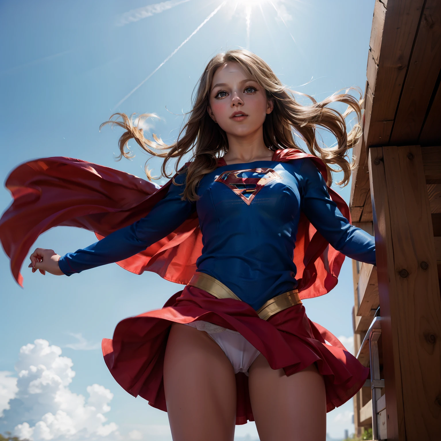 Melissa Benoist open thighs,super girl up skirt,white panties,shoot from below,wind fron below,sky,solo, cape,red skirt,blue tite long sleeve shirt,