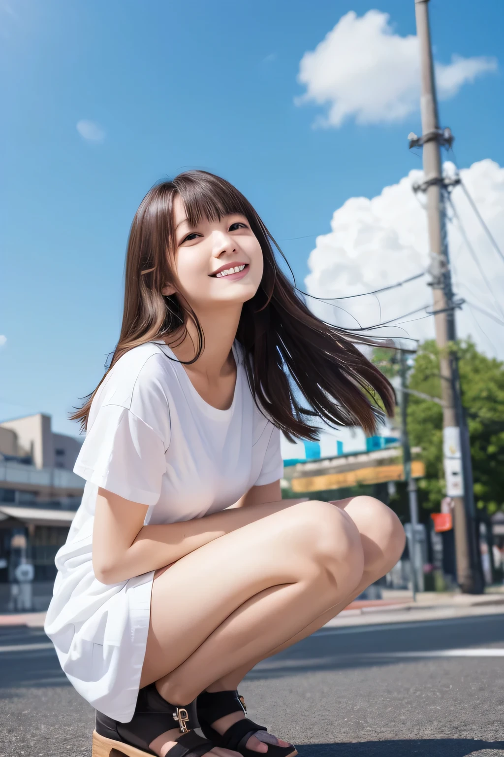 Fine details, High resolution, high quality、Perfect dynamic composition, Beautiful detailed eyes, Medium Hair, Small breasts、Natural color lip,Looking up、Shibuya-kei、20 year old girl、1 person、Clear skin、Shiny Hair、A sloppy smile、Mastepiece, Best Quality, Illustration, Super detailed, Fine details, High resolution, 8K、The correct state of the human body、squat、Gravure model pose，Hair flying in the wind、((I have an electric guitar))、（White shirt）