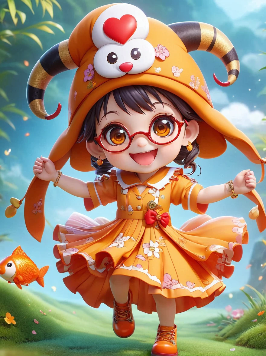 (chibi)，(masterpiece, top quality, best quality, official art, beautiful and aesthetic:1.2), cute lamb ip,koi,chibi face,grass,red scar, laugh,beautiful dress, cute cartoon diagonal shoulder bag, orange cartoon glasses, yellow pattern wool cap, 1fkxc1