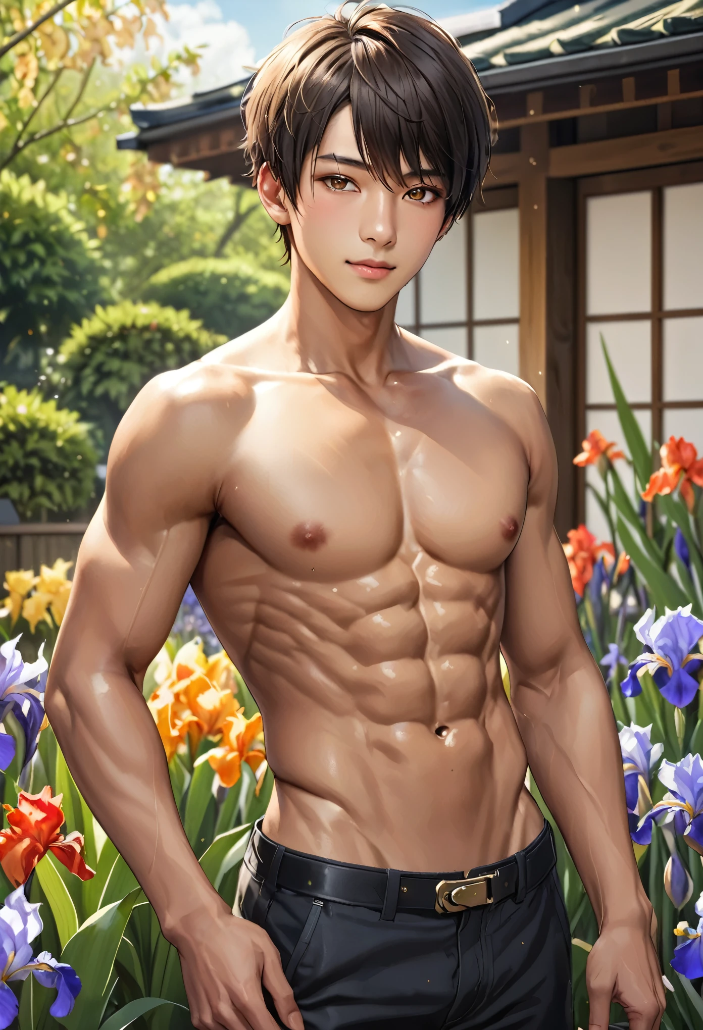 (best quality), realistic, iris, garden, 15 year old Japanese idol boy, (abs:1.2), black short hair, tanned dark skin, (detailed brown eyes), (smile:0.8), (detailed areola:1.2)