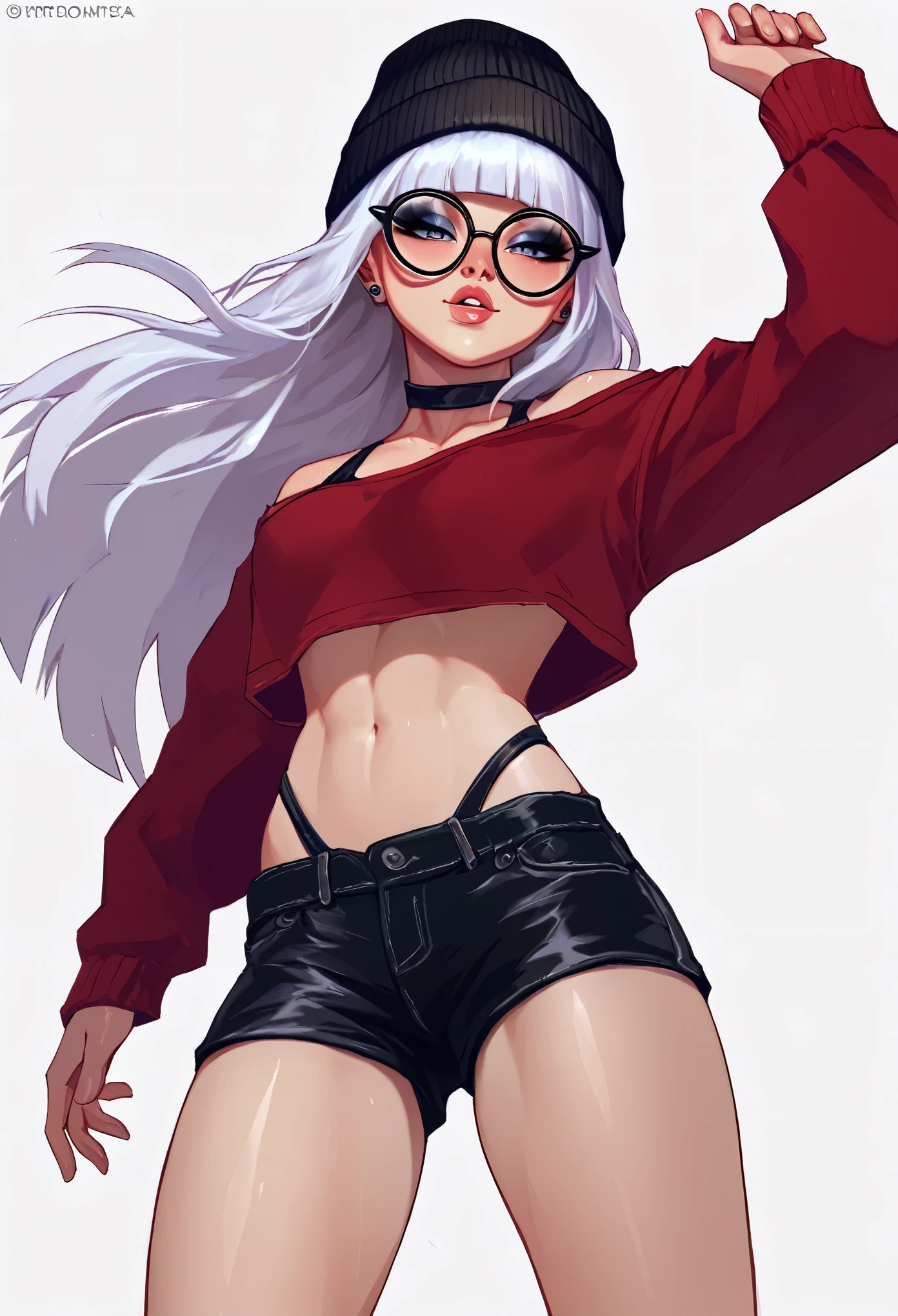 score_9, score_8_up, score_7_up, score_6_up, score_5_up, score_4_up, BREAK 1girl, white hair, hime-cut hair, straight hair, long hair, grey eyes, thick lips, small, long eyelashes, half-closed eyes, black-framed eyewear, round eyewear, black choker, blunt bangs, adult, black eyeliner, ear piercing, black lips, grey eyeshadow, looking at viewer, BREAK solo, standing, adult, skinny, highleg, arched back, thigh gap, red shirt, black shorts, beanie hat, BREAK (white background:1.2), simple background, dynamic pose, dynamic angle, angled shot,
