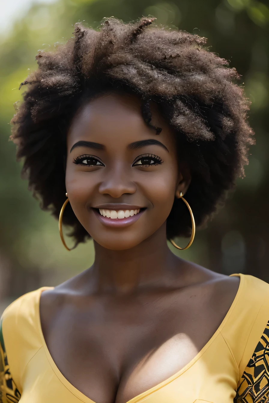 20A beautiful young woman、 (African woman, Black Hair、 An athletic body, Average breast size, Brown eyes, Skin beauty: 1.3), Afro Hair、Ear piercing、blouse、smile, Beautiful teeth alignment、Intricate details, Very detailed:1.2), (A person with a dark mood: 1.5), 、 Looking at the camera,