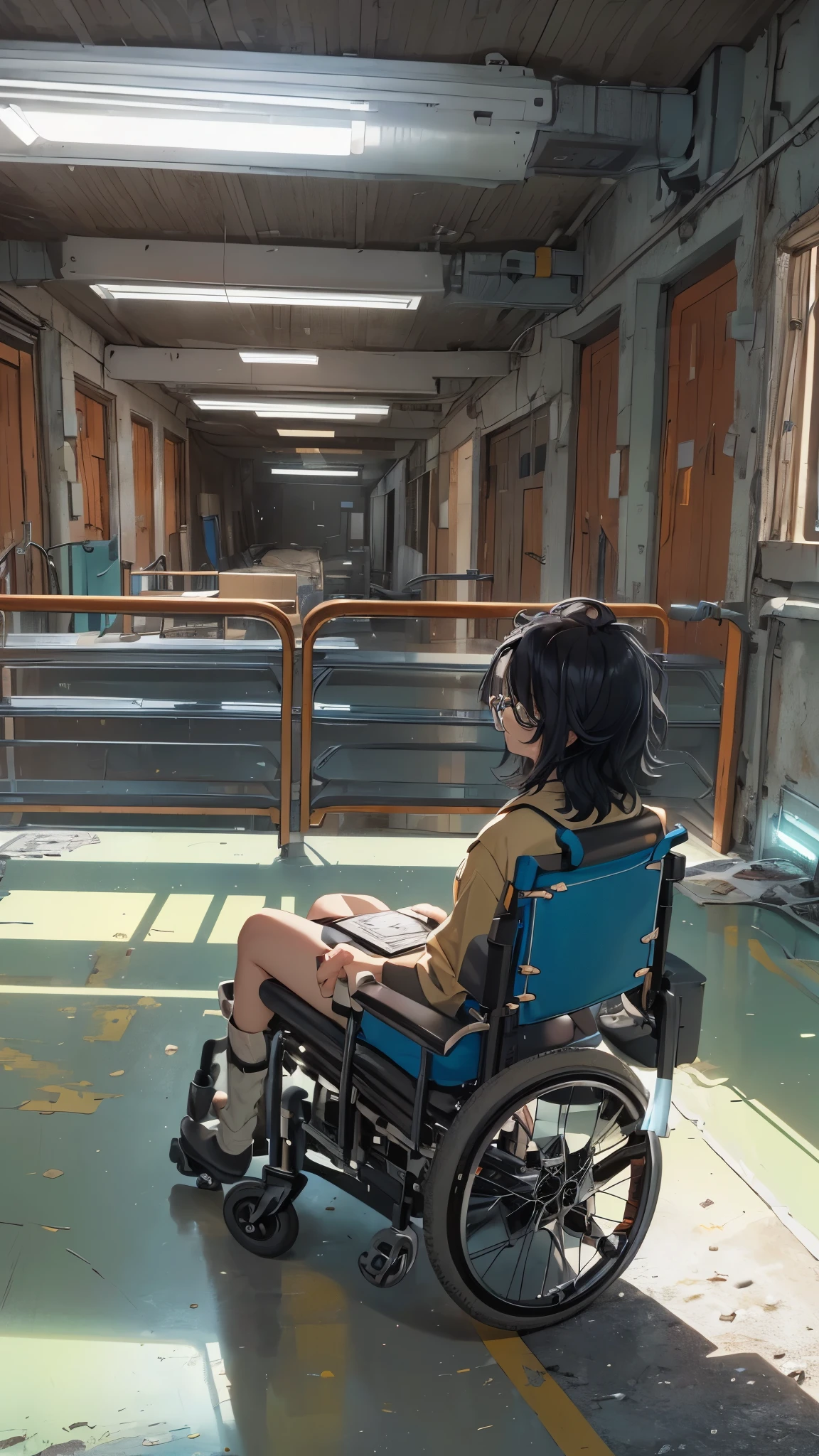 (Very detailed, Realistic), Hospital scene, [Moderate:Oil], [Professional:1.1], [Physically Based Rendering], [Bright colors], [Sharp focus], [Studio Lighting], [Extreme Detail], [highest quality,4K,8k,High resolution,masterpiece:1.2],(whole body),Inside the house,Inside the room,18-year-old girl,((Ride an electric wheelchair1.8)),((Operate a power wheelchair1.8)),((knee pads,Army Boots)),((covering one eye,Ragged short black hair,messy hair)),((she’s wearing glasses)),((despressed,despair,anxiety)),(Subservient laughter),((grin)),((bad mood)),((bad mood)),[Nervous eyes],(jersey jacket),(jersey shorts),((Ride an electric wheelchair1.8)),((Operate a power wheelchair1.8))