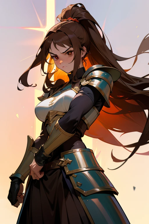 Anime caballera, or anime woman, with long flowing brown hair and piercing brown eyes. She wears a fitted outfit consisting of a leather armor vest and a flowing skirt. In one hand, she holds a sleek, shiny espada, or sword, its edge gleaming in the sunlight. determination in her gaze as she prepares for a lucha, or fight, against an invisible foe. Sweat beads on her brow, and her lips are pressed into a tight line as she focuses her energy for the impending battle. The setting sun casts an orange glow over the scene, highlighting the contours of her muscular form and the intricate details of her armor. She stands po