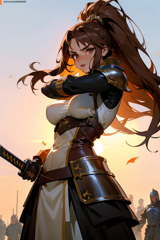 Anime caballera, or anime woman, with long flowing brown hair and piercing brown eyes. She wears a fitted outfit consisting of a leather armor vest and a flowing skirt. In one hand, she holds a sleek, shiny espada, or sword, its edge gleaming in the sunlight. determination in her gaze as she prepares for a lucha, or fight, against an invisible foe. Sweat beads on her brow, and her lips are pressed into a tight line as she focuses her energy for the impending battle. The setting sun casts an orange glow over the scene, highlighting the contours of her muscular form and the intricate details of her armor. She stands po