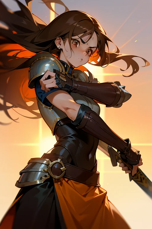 Anime caballera, or anime woman, with long flowing brown hair and piercing brown eyes. She wears a fitted outfit consisting of a leather armor vest and a flowing skirt. In one hand, she holds a sleek, shiny espada, or sword, its edge gleaming in the sunlight. determination in her gaze as she prepares for a lucha, or fight, against an invisible foe. Sweat beads on her brow, and her lips are pressed into a tight line as she focuses her energy for the impending battle. The setting sun casts an orange glow over the scene, highlighting the contours of her muscular form and the intricate details of her armor. She stands po