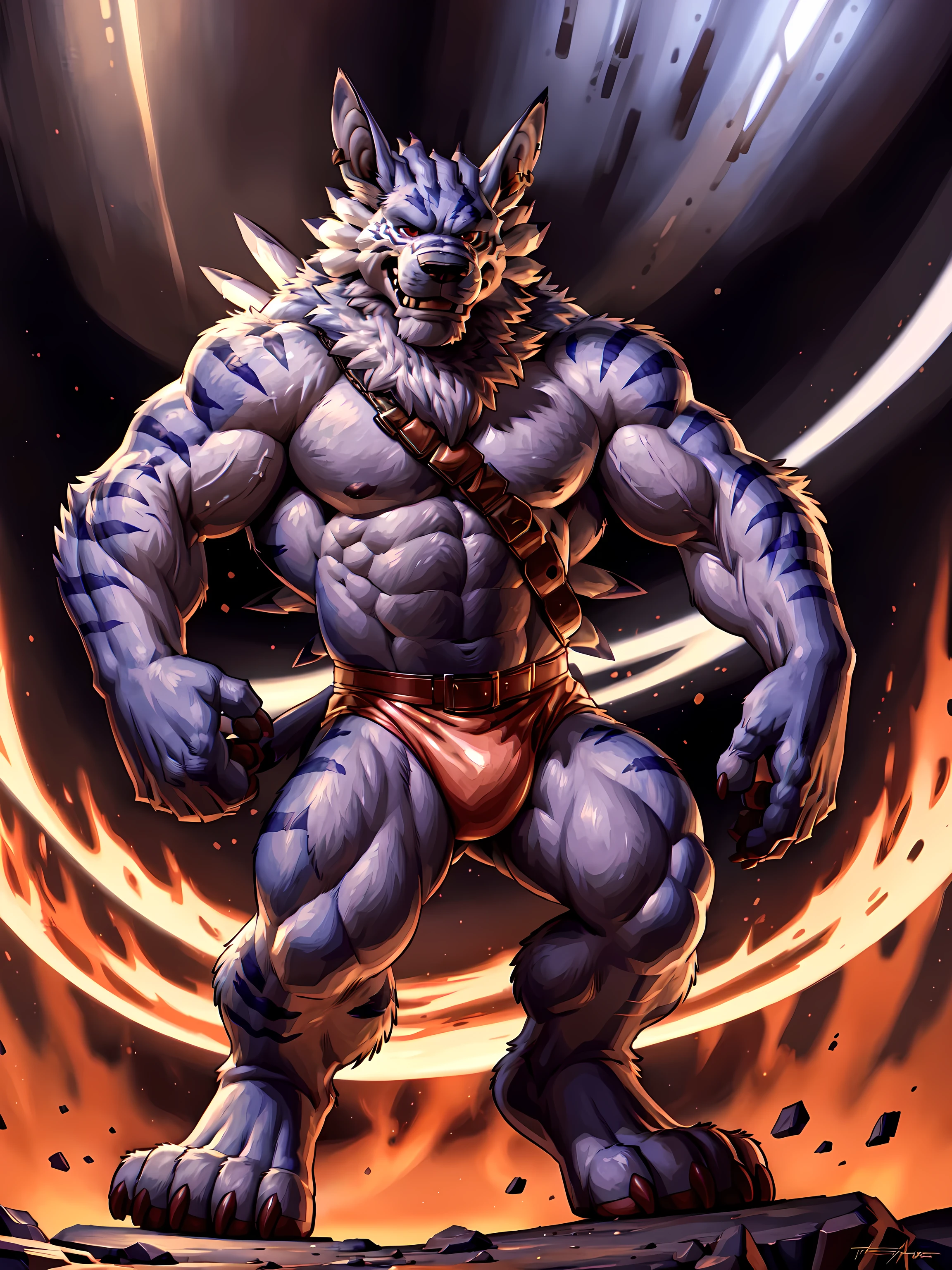 weregarurumon, 4k, high resolution, best quality, detailed, posted on e621, solo, anthro body, older male, masculine, male, very masculine, (very muscular, defined muscles):1.2, (plain background, explosive background:1.1), correct anatomy, (red eyes, detailed eyes:1.1), detailed face, detailed head, sexy, (cel shaded, cartoony shading, strong shadows, dramatic lighting):1.3, confident, (by wfa, by takemoto arashi, by meesh, by Taran Fiddler), strong, (half body, upper body:1.1), stern face, mwvector, flexing arms, flexing biceps, speedos, detailed belt