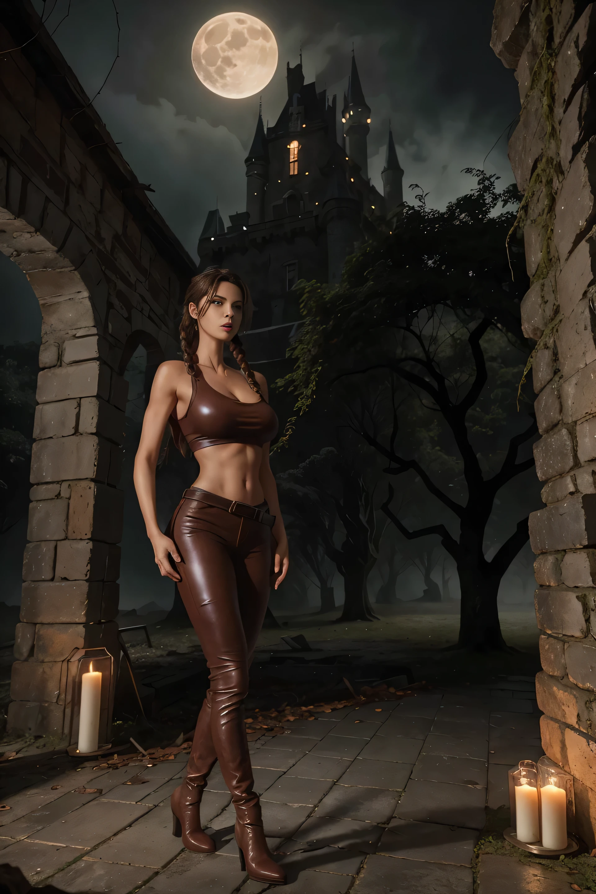 full body side view beauty sensual, sexy, bombshell, lara croft, long brown braided hair, brown eyes, high arched eyebrows, long graceful neck, red lips, big breast, tight brown leather pants, pale green sleeveless torn t-shirt, leather boots, abandoned ancient standing in the garden of a castle and reaching out to the moon realistic, photorealistic, photorealistic, horror atmosphere, dark and gloomy atmosphere, withered trees, castle ruins, with autumnal dramatic lighting, Foggy environment, detailed facial expressions, Scary fog