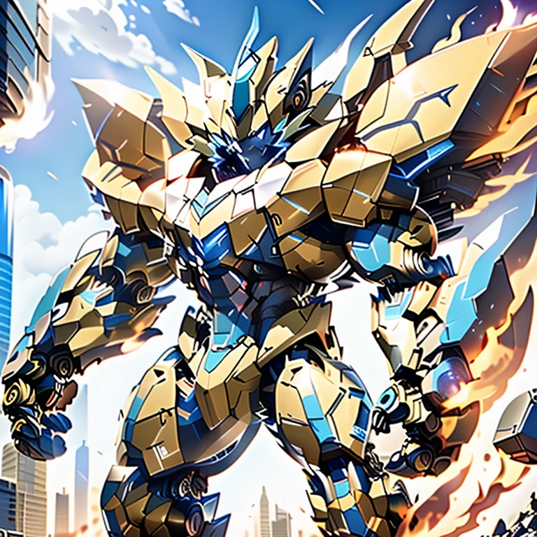 In space，(ZERAORA, 8K), NSFW, Additional details: (masterpiece, official art, 8k, best quality) terrifying and imposing design, (smoke and flames rising from the destruction in the background, a lone figure) (high-tech bio-mecha armor, real texture material), (gigantic muscles, Gigachad Muscular, big muscle, pecs, triceps, traps, unusually developed muscular body, body full of huge muscles. showing off muscles, pectorales enormes, Exaggeratedly huge muscles.),(Spread wings, It has wings, have big wings, golden wings), (whole body shines like metal, Wearing cyberpunk mecha, emphasizes the muscles, suit fully made of metal, intricate armor, Robotic suit, suit fully made of metal, cyborg), (giant zeraora, Zeraora's giant robot, Powered exoskeleton with the same design as Zeraora), (Masterpiece, highres) (Detailed head, Detailed Body, Detailed abs, full body), gundam,