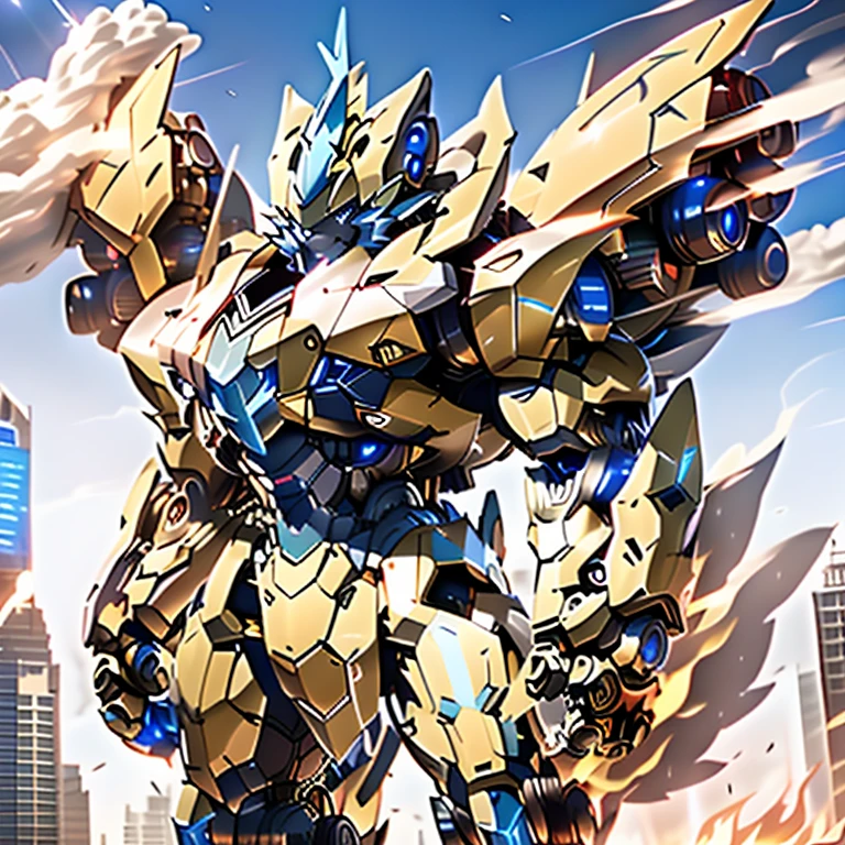 In space，(ZERAORA, 8K), NSFW, Additional details: (masterpiece, official art, 8k, best quality) terrifying and imposing design, (smoke and flames rising from the destruction in the background, a lone figure) (high-tech bio-mecha armor, real texture material), (gigantic muscles, Gigachad Muscular, big muscle, pecs, triceps, traps, unusually developed muscular body, body full of huge muscles. showing off muscles, pectorales enormes, Exaggeratedly huge muscles.),(Spread wings, It has wings, have big wings, golden wings), (whole body shines like metal, Wearing cyberpunk mecha, emphasizes the muscles, suit fully made of metal, intricate armor, Robotic suit, suit fully made of metal, cyborg), (giant zeraora, Zeraora's giant robot, Powered exoskeleton with the same design as Zeraora), (Masterpiece, highres) (Detailed head, Detailed Body, Detailed abs, full body), gundam,