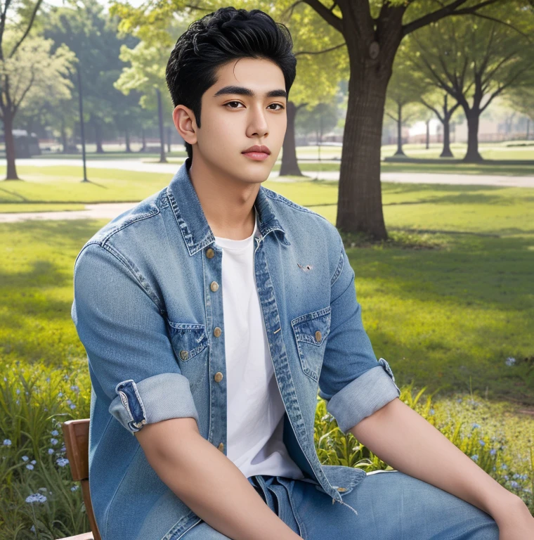 Aarav man wearing a denim shirt stands in the park., inspired By Robbie Trevino, Inspired by Adam Dario Kiel, Damian Tran, Rick Dai, Headshot profile picture, Handsome Chad Chin, Inspired by Tadashi Nakayama, By Robbie Trevino, Headshot, Inspired by Ikuo Hirayama, David Luong, Reuben Wu, Asian man