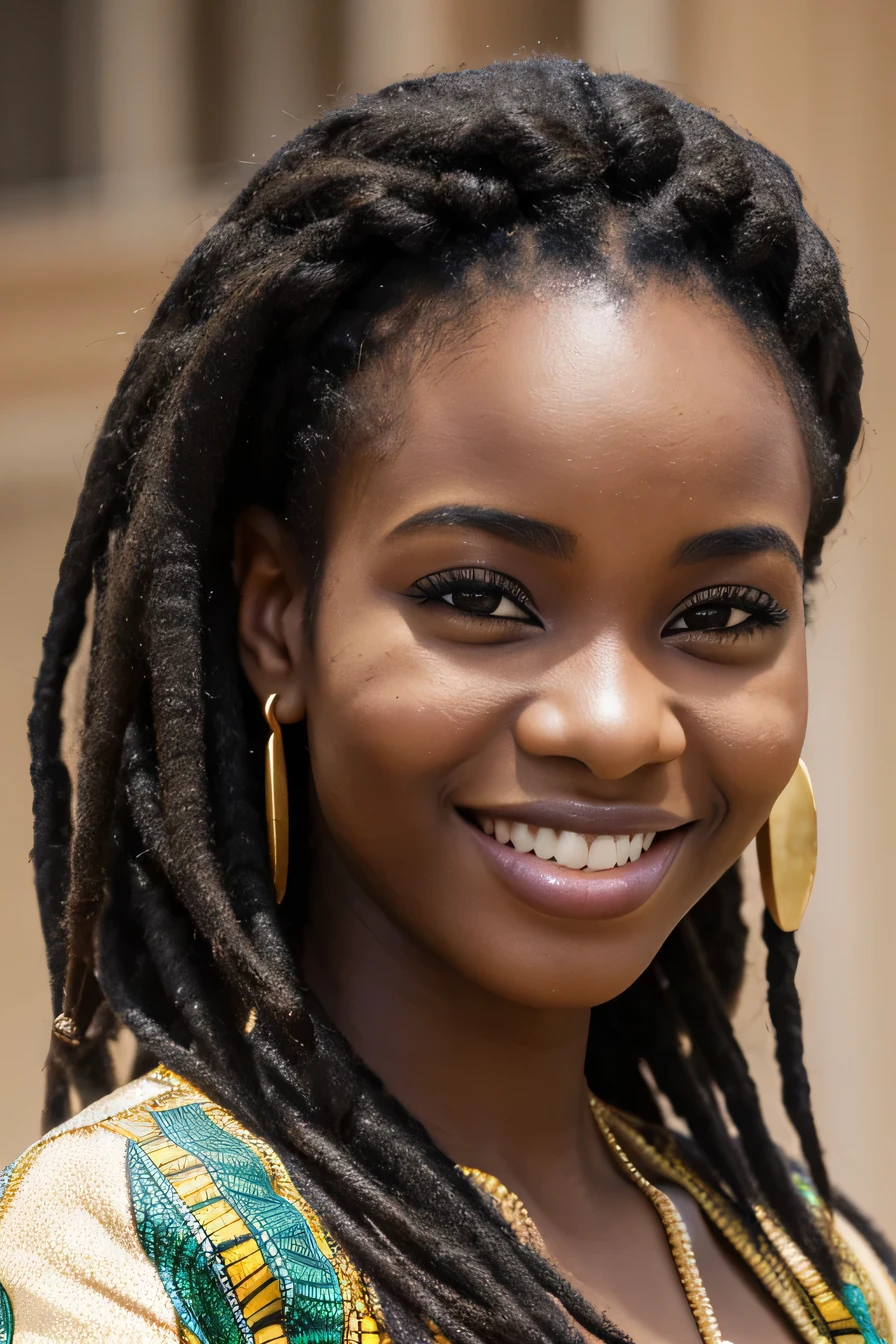 20A beautiful young woman、 (African woman, Black Hair、 An athletic body, Average breast size, Brown eyes, Skin beauty: 1.3), Dreadlocks、Ear piercing、blouse、smile, Beautiful teeth alignment、Intricate details, Very detailed:1.2), 、 Looking at the camera,