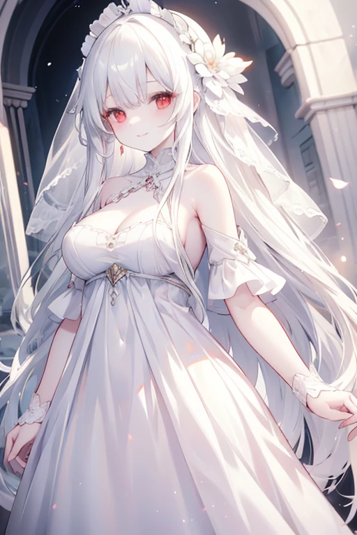 Young girl, long white hair, sloppy hair, red eyes, pale skin, white open dress, translucent dress, veil, masterpiece, high quality, smile,big chest