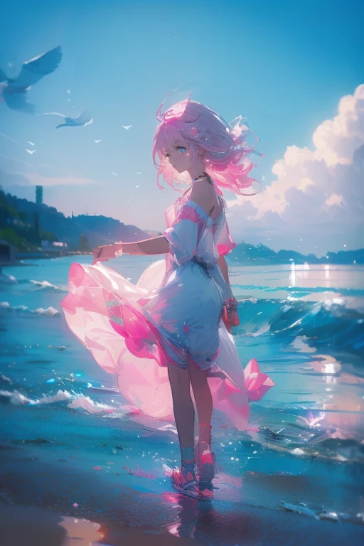 1girl,solo,cute,pink hair,white dress,in blue sea,beach