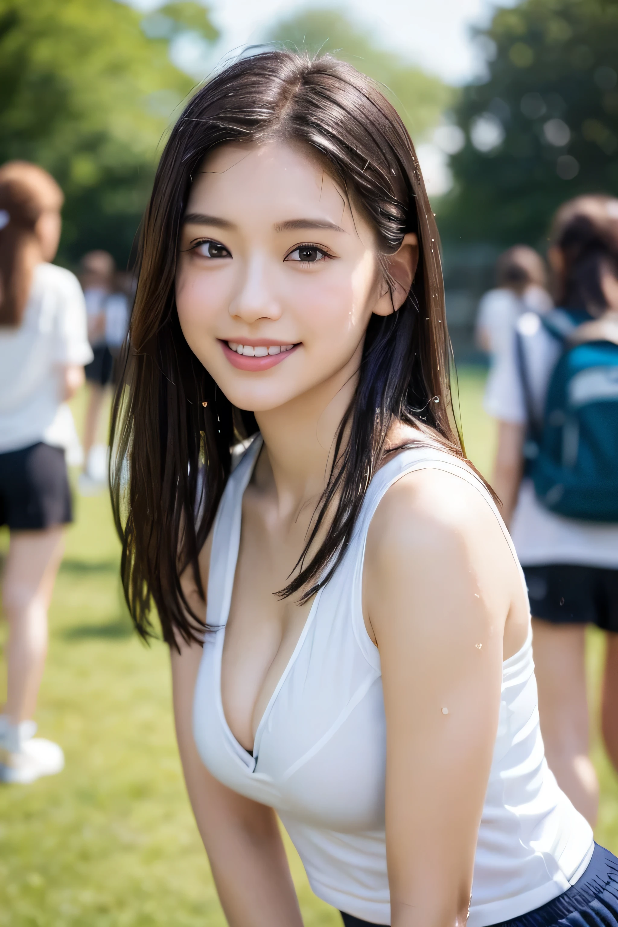 (8k、live-action、Raw photo、highest quality、masterpiece:1.2),(Outdoors),((Perfect lighting)),(Wet hair),Watching the audience,Sexy pose, cute smile,18-year-old,student,White skin,knees,Small Face,Part the front hair from the center、The forehead is visible,skinny,skinny)、masterpiece,highest quality、超A high resolution,one person, solo,Close-up shot、cute、Back to Students,(Sporty clothes:1.3),High school girl,Japanese women,(Photoreal:1.37)、Photon Mapping,Realistic、cuteSmall Face,Brown eyes、prospect、Depth of written boundary、Blurred Background、Real,(I can see the front hair), hair, I can see the knees, thigh,(Nogizaka Idol), actress、Big and ample breasts、Cleavage、Super fine、Low people、(Skin with visible pores:1.2)、(Focus on the face)、8 heads、Natural neck、Check and correct the skeleton