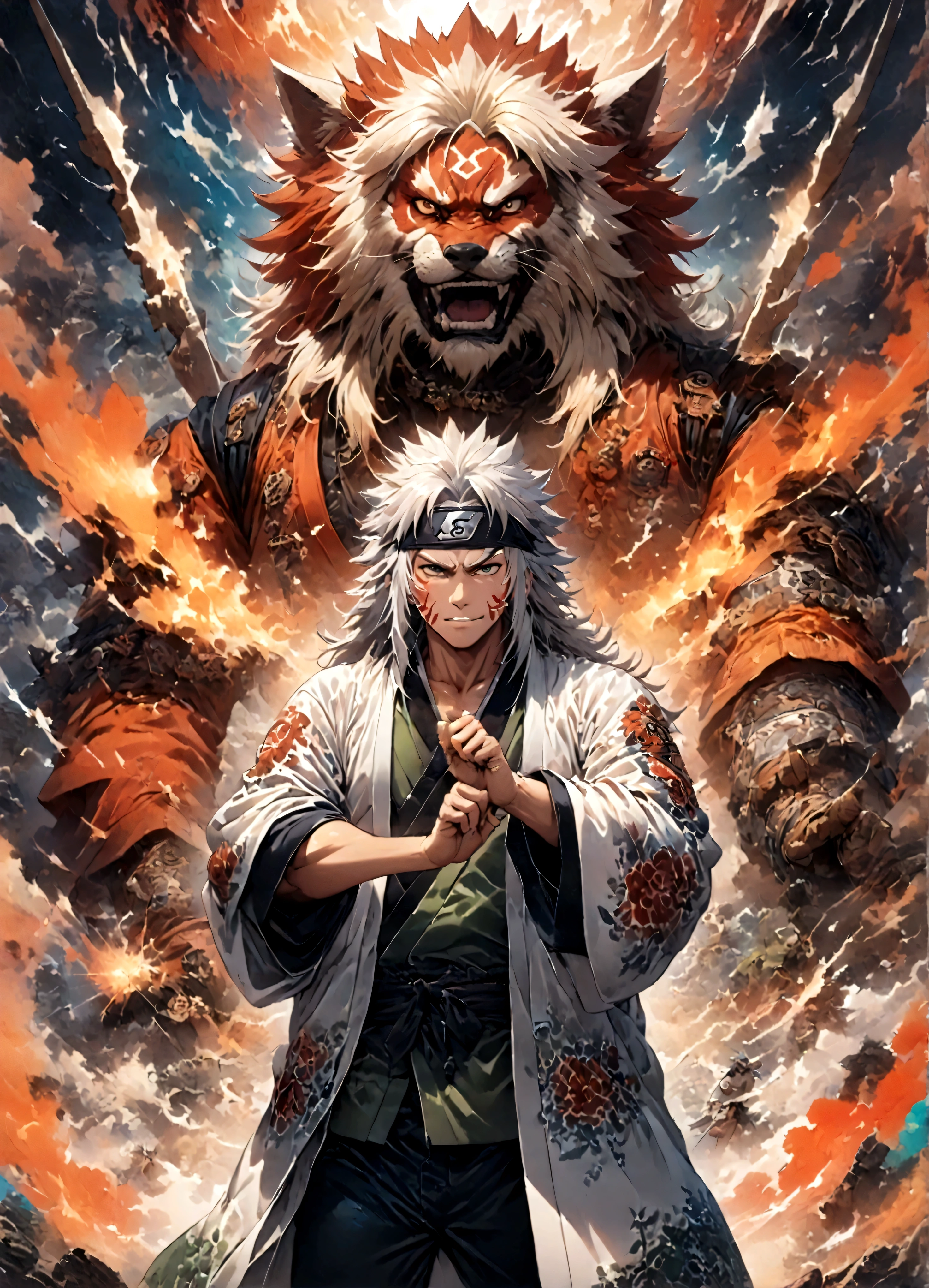 Fixes,(1 middle-aged male,Jiraiya,Green kimono,White Haori),alone,comics『Naruto』Characters,,Using Ninjutsu,Fighting Style,Sarcastic smile,Ninjutsu Effects,Enjoy the fight,Moderately dirty,,tattoo,Forehead protector,Digital Art,An illustration,Intricate details,Intricate details,Wide range of colors,artwork,rendering,,(highest quality:1.4),(Very detailed:1.5),High resolution,Very detailed,unity 8k wallpaper,Draw artistic background,,Five elements,ninjutsu,