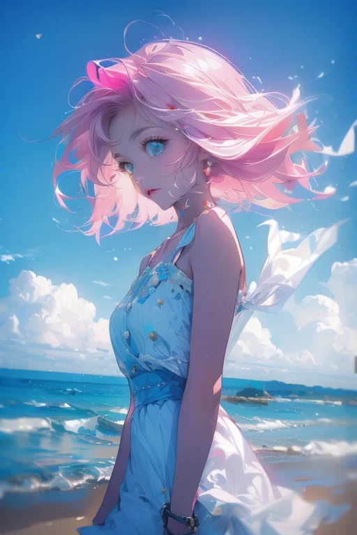 1girl,solo,cute,pink hair,white dress,in blue sea,beach