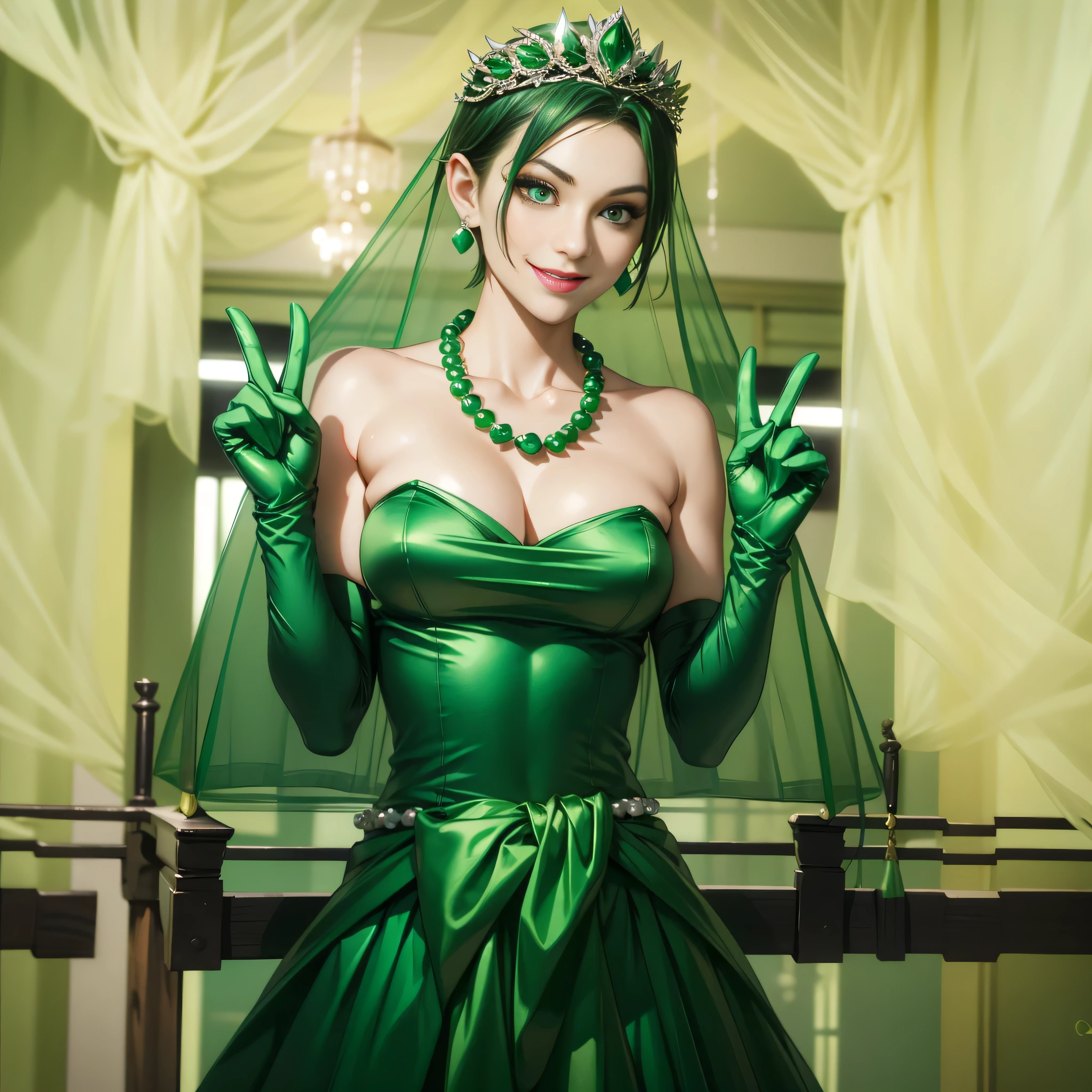 Emerald tiara, Green Pearl Necklace, Boyish very short green hair, lipstick, Smiling Japanese woman, Very short hair, Big and beautiful, Green Eyes, Long green satin gloves, Green Eyes, V sign, Emerald Earrings, Green veil, peace sign, 30-year-old female, Bride in her 30s
