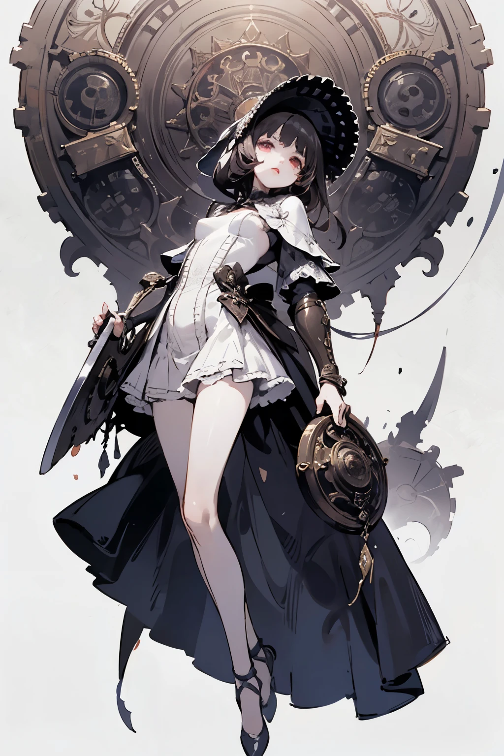 ((best quality)), ((masterpiece)), (detailed), perfect face ((best quality)), ((masterpiece)), (detailed), blank white background, plain background, white background, Bloodborne inspired, occult aesthetic, occult, detailed and intricate steampunk and detailed gothic, (zentangle, mandala, tangle, entangle), NSFW, torn clothing, Very dramatic and cinematic lighting, cosmic horror, grim-dark, side-lighting, perfect face, a beautiful goddess adorned and enshrined in armour, Bloodborne inspired , occult aesthetic , occult , detailed and intricate steampunk and detailed gothic , wielding a sword and holding a shield, NSFW, Fluttering lace flared short dress with frilly petticoats, knee length dress, pleated petticoats, lolita dress, petticoats gothic lolita, side-lighting, gothic lolita aesthetic, beautiful small breasts, small breasts, full body, whole body, body, plain background, white background, blank background, no background, white background NSFW, full body, whole body, head-to-toe