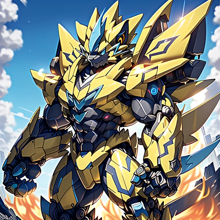 In space，(ZERAORA, 8K), NSFW, Additional details: (masterpiece, official art, 8k, best quality) terrifying and imposing design, (smoke and flames rising from the destruction in the background, a lone figure) (high-tech bio-mecha armor, real texture material), (gigantic muscles, Gigachad Muscular, big muscle, pecs, triceps, traps, unusually developed muscular body, body full of huge muscles. showing off muscles, pectorales enormes, Exaggeratedly huge muscles.),(Spread wings, It has wings, have big wings, golden wings), (whole body shines like metal, Wearing cyberpunk mecha, emphasizes the muscles, suit fully made of metal, intricate armor, Robotic suit, suit fully made of metal, cyborg), (giant zeraora, Zeraora's giant robot, Powered exoskeleton with the same design as Zeraora), (Masterpiece, highres) (Detailed head, Detailed Body, Detailed abs, full body), gundam,