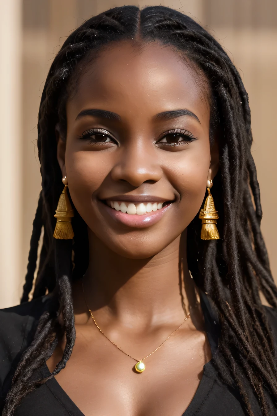 20A beautiful young woman、 (African woman, Black Hair、 An athletic body, Average breast size, Brown eyes, Skin beauty: 1.3), Dreadlocks、Ear piercing、blouse、smile, Beautiful teeth alignment、Intricate details, Very detailed:1.2), 、 Looking at the camera,