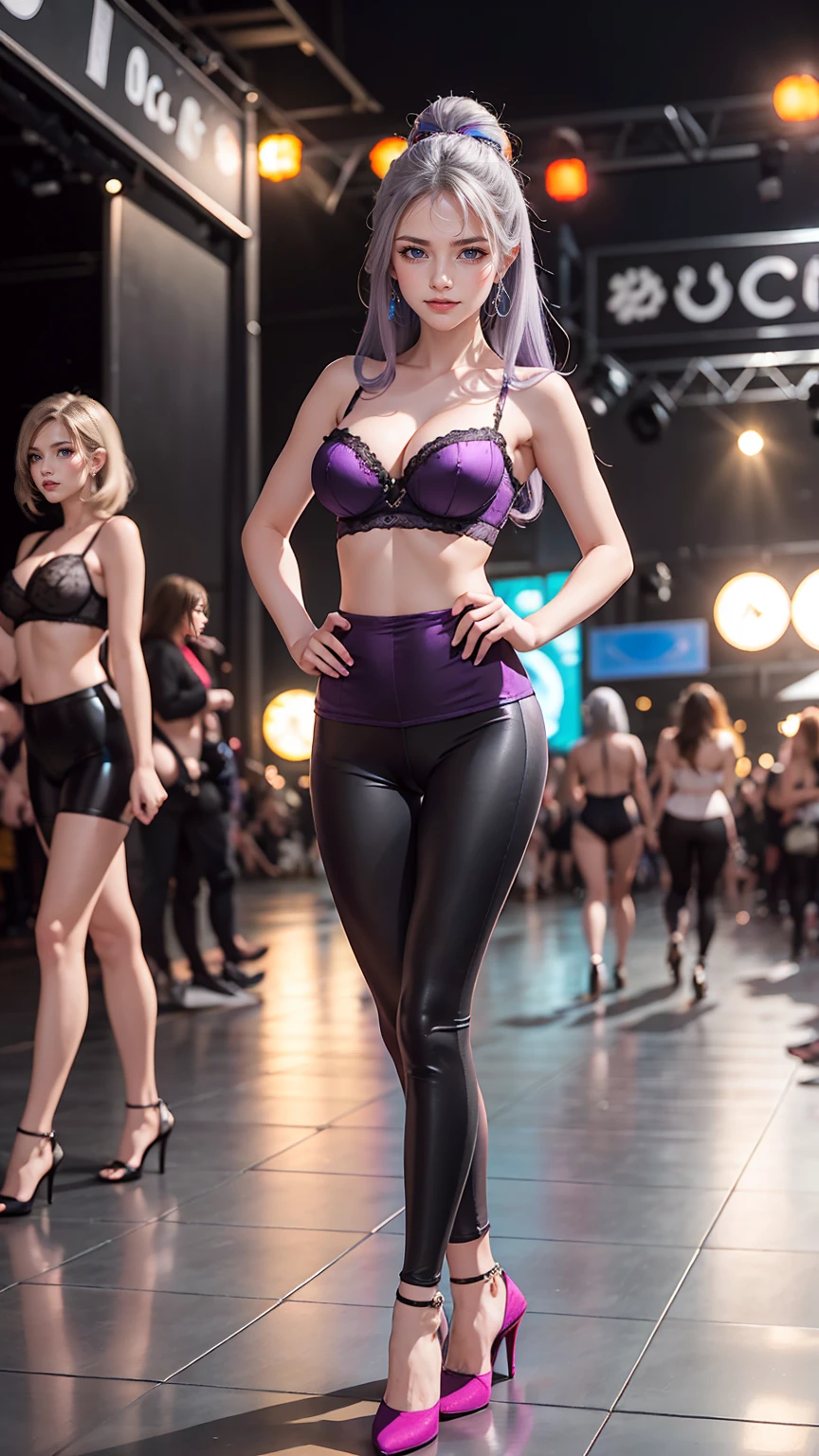 Attractive 24 year old woman、Silver Hair、long hair、Purple inner color((colored inner hair))、Wear a bustier top、Wear leggings、Wearing high heels、Place your hands on your hips、smile、Sexy proportions、At the legendary rock festival、Sexy proportions