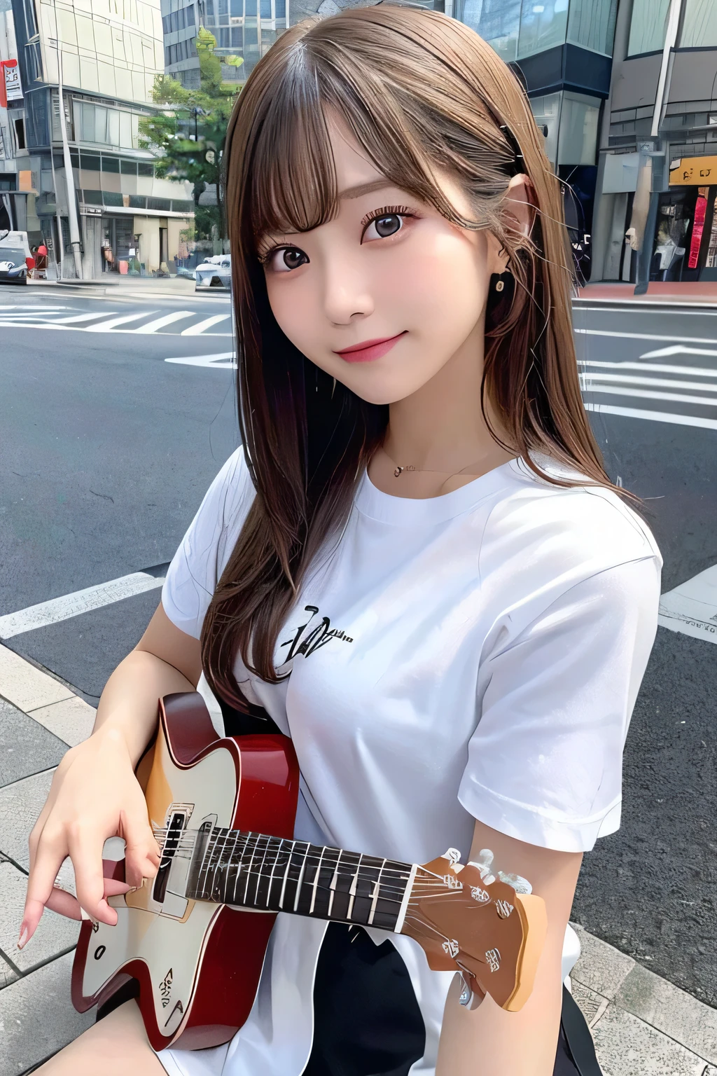 Fine details, High resolution, high quality、Perfect dynamic composition, Beautiful detailed eyes, Medium Hair, Small breasts、Natural color lip,Looking up、Shibuya-kei、20 year old girl、1 person、Clear skin、Shiny Hair、A sloppy smile、Mastepiece, Best Quality, Illustration, Super detailed, Fine details, High resolution, 8K、The correct state of the human body、squat、Gravure model pose，Hair flying in the wind、((I have an electric guitar))、（White shirt）