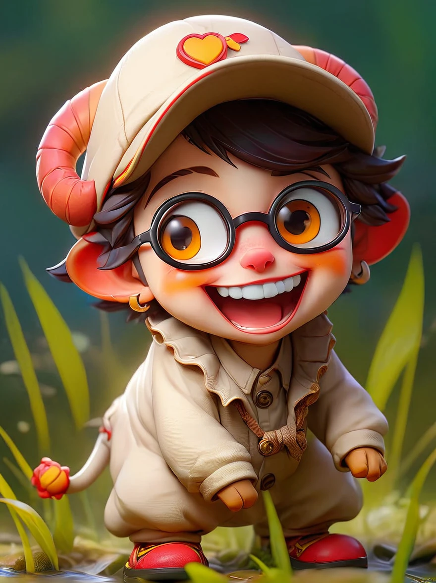 (chibi)，(masterpiece, top quality, best quality, official art, beautiful and aesthetic:1.2), cute lamb ip,koi,chibi face,grass,red scar, laugh,beautiful dress, cute cartoon diagonal shoulder bag, orange cartoon glasses, yellow pattern wool cap, 1fkxc1