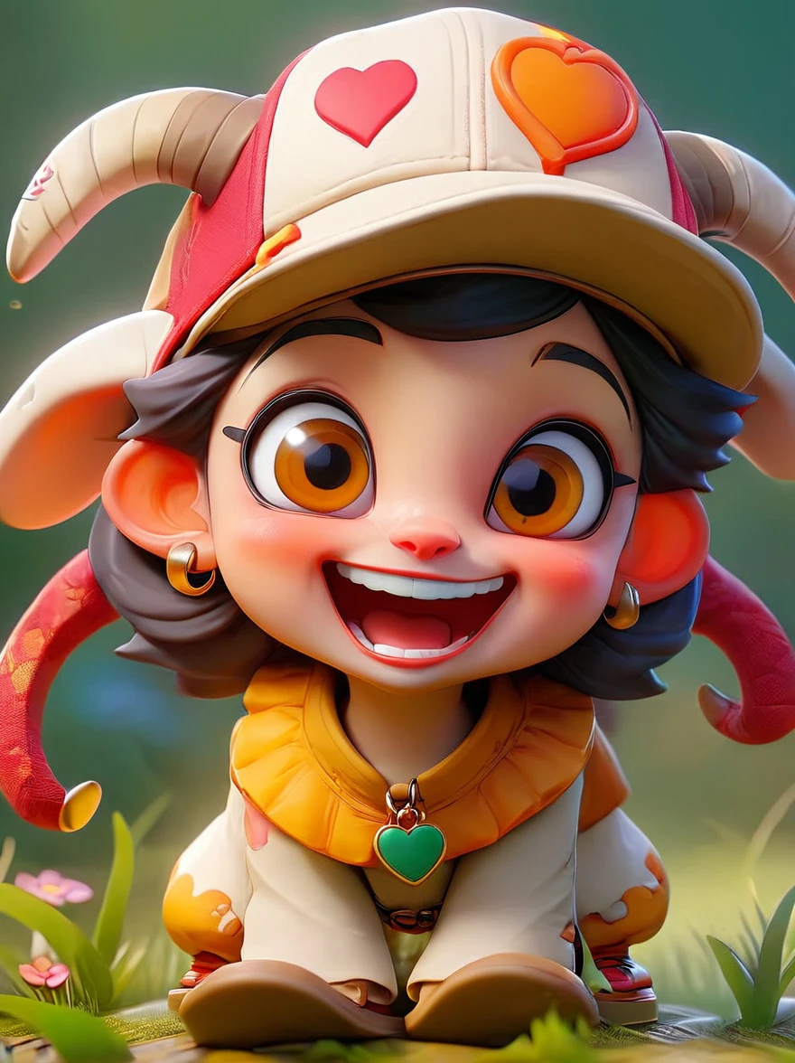 (chibi)，(masterpiece, top quality, best quality, official art, beautiful and aesthetic:1.2), cute lamb ip,koi,chibi face,grass,red scar, laugh,beautiful dress, cute cartoon diagonal shoulder bag, orange cartoon glasses, yellow pattern wool cap, 1fkxc1