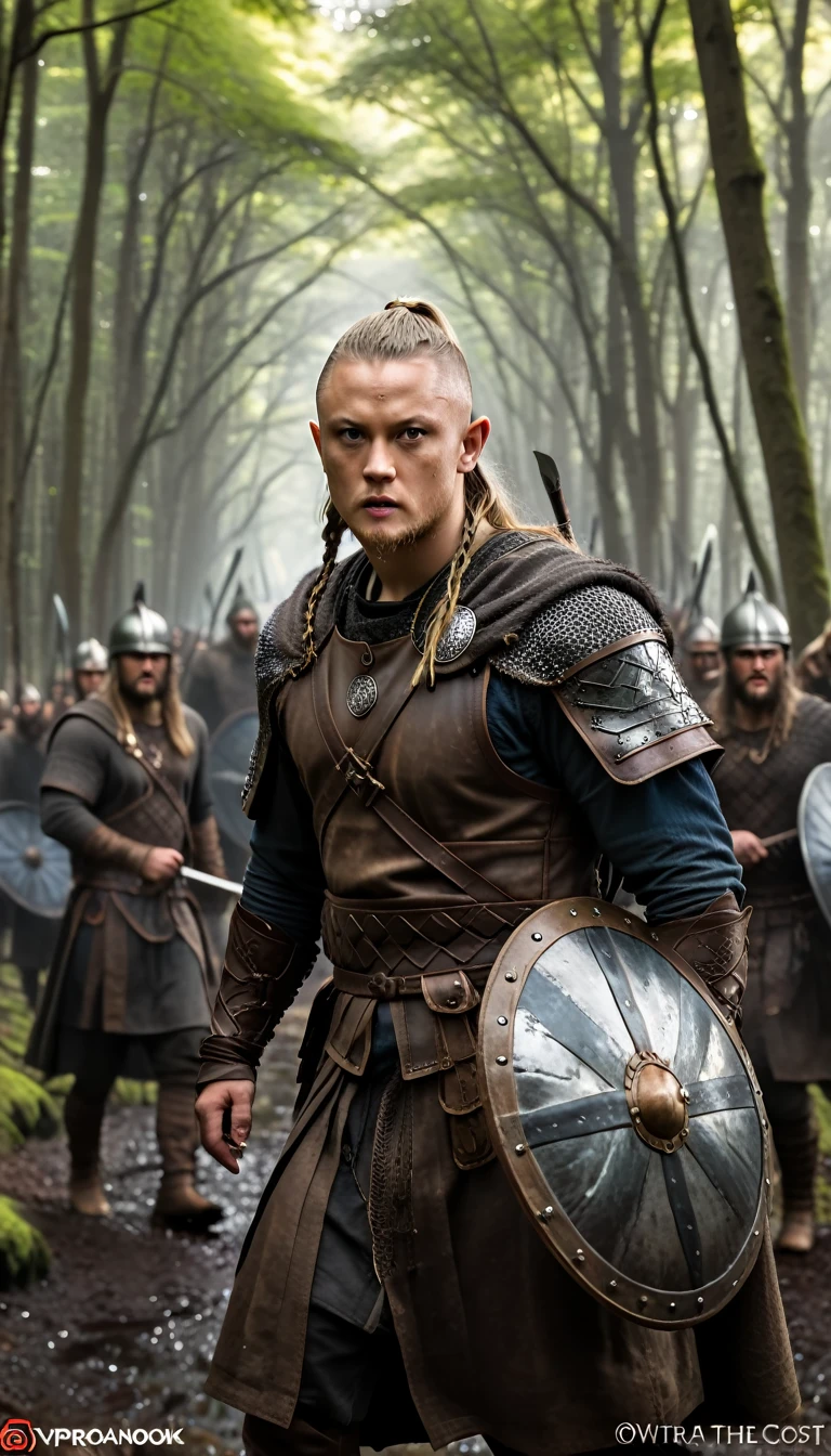 Cinematic style, Illustrate Ragnar Lothbrok leading his Viking warriors through a dense forest, with swords drawn and shields raised, background dark, hyper realistic, ultra detailed hyper realistic, photorealistic, Studio Lighting, reflections, dynamic pose, Cinematic, Color Grading, Photography, Shot on 50mm lens, Ultra-Wide Angle, Depth of Field, hyper-detailed, beautifully color, 8k, golden light from the front,