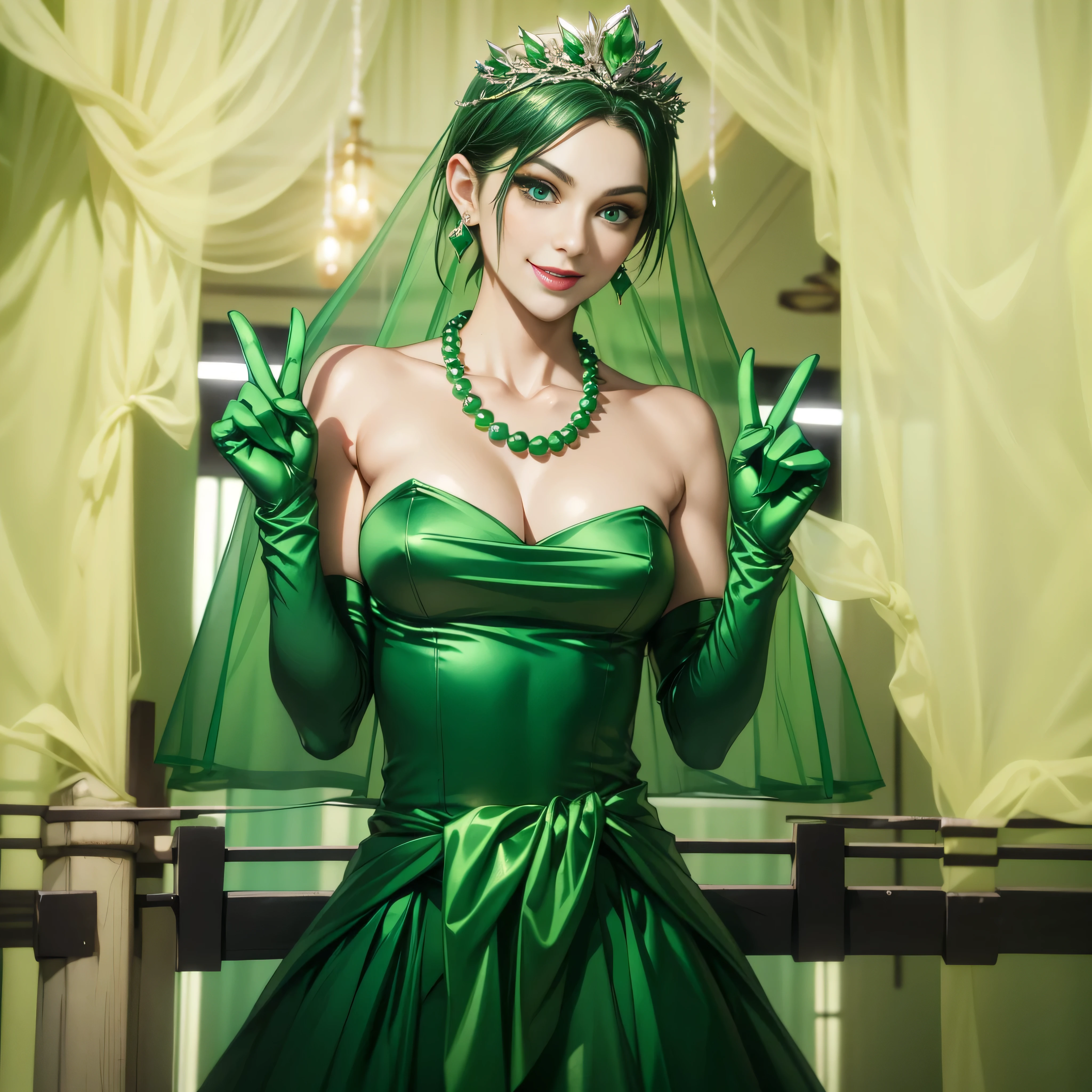 Emerald tiara, Green Pearl Necklace, Boyish very short green hair, lipstick, Smiling Japanese woman, Very short hair, Big and beautiful, Green Eyes, Long green satin gloves, Green Eyes, V sign, Emerald Earrings, Green veil, peace sign, 30-year-old female, Bride in her 30s