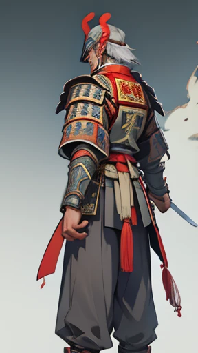 Rear View, Front view, Multiview, Game Characters, East Asian Character Design,  Exquisite pattern, One Man,, Chinese_armor, 漢服の上にarmorを着た、 concept_art,  extended_arms, gray_background, Are standing、Three Kingdoms、