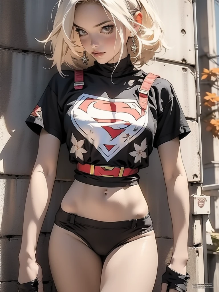 nijistyle, Uma guerreira mulher de 35 anos musculosa quase nua no estilo Simon Bisley para a capa da revista Heavy Metal, ((( cabelo loiro curto))), (((short cut))), Minimum clothing, supergirl t-shirt, with supergirl onsignia, Tiny thong, nijistyle