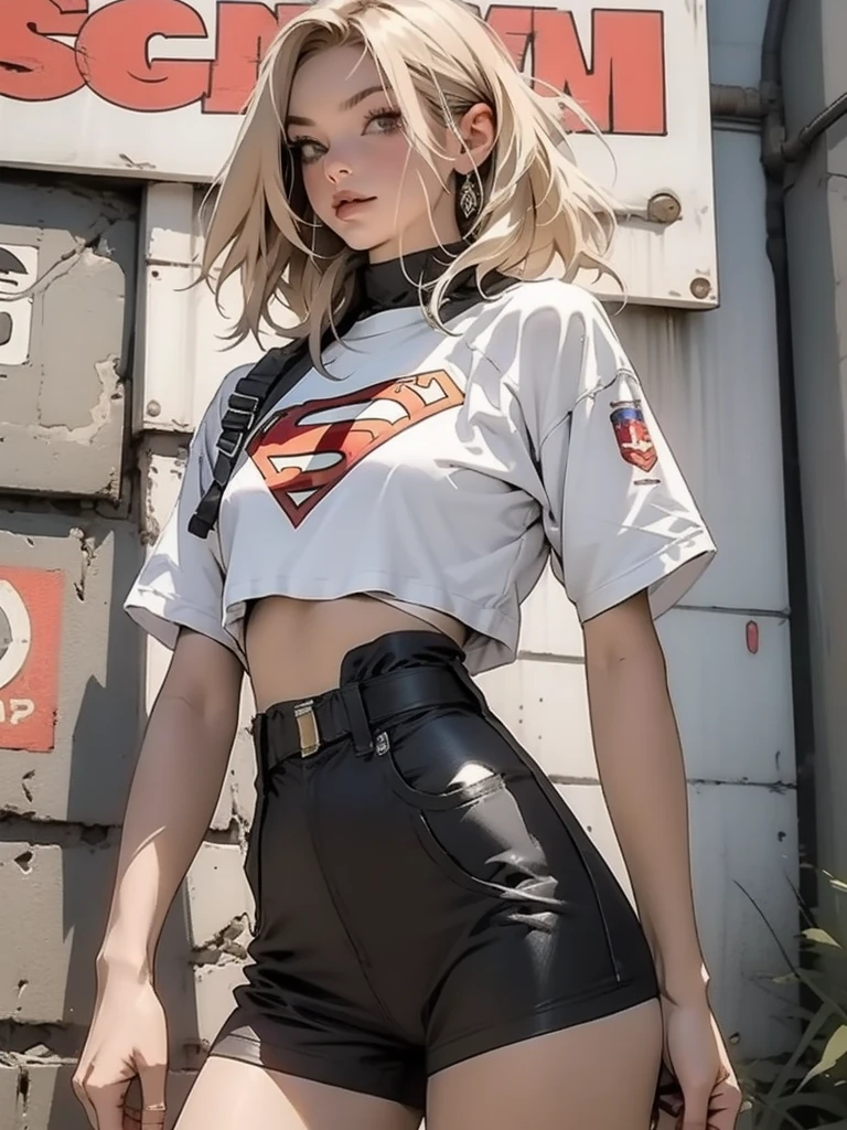 nijistyle, Uma guerreira mulher de 35 anos musculosa quase nua no estilo Simon Bisley para a capa da revista Heavy Metal, ((( cabelo loiro curto))), (((short cut))), Minimum clothing, supergirl t-shirt, with supergirl onsignia, Tiny thong, nijistyle