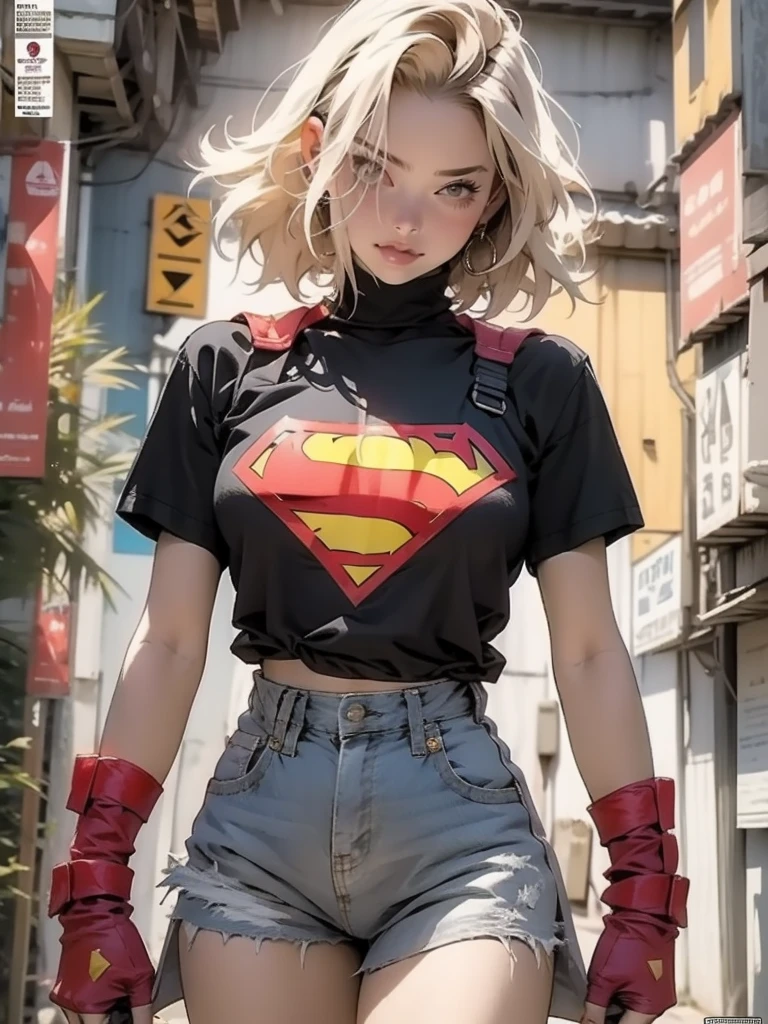 nijistyle, Uma guerreira mulher de 35 anos musculosa quase nua no estilo Simon Bisley para a capa da revista Heavy Metal, ((( cabelo loiro curto))), (((short cut))), Minimum clothing, supergirl t-shirt, with supergirl onsignia, Tiny thong, nijistyle