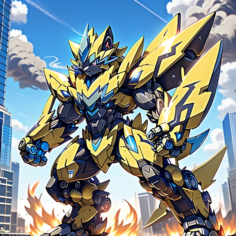 (ZERAORA, 8K), giant mechanical Muscular Zeraora is trampling the city, NSFW, Zeraora is over 1000 meters long. Additional details: (masterpiece, official art, 8k, best quality) terrifying and imposing design, (smoke and flames rising from the destruction in the background, a lone figure) (high-tech bio-mecha armor, real texture material), (gigantic muscles, Gigachad Muscular, big muscle, pecs, triceps, traps, unusually developed muscular body, body full of huge muscles. showing off muscles, pectorales enormes, Exaggeratedly huge muscles.),(Spread wings, It has wings, have big wings, golden wings), (whole body shines like metal, Wearing cyberpunk mecha, emphasizes the muscles, suit fully made of metal, intricate armor, Robotic suit, suit fully made of metal, cyborg), (giant zeraora, Zeraora's giant robot, Powered exoskeleton with the same design as Zeraora), (Masterpiece, highres) (Detailed head, Detailed Body, Detailed abs, full body, gundam,