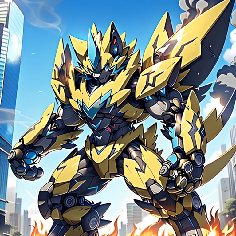 (ZERAORA, 8K), giant mechanical Muscular Zeraora is trampling the city, NSFW, Zeraora is over 1000 meters long. Additional details: (masterpiece, official art, 8k, best quality) terrifying and imposing design, (smoke and flames rising from the destruction in the background, a lone figure) (high-tech bio-mecha armor, real texture material), (gigantic muscles, Gigachad Muscular, big muscle, pecs, triceps, traps, unusually developed muscular body, body full of huge muscles. showing off muscles, pectorales enormes, Exaggeratedly huge muscles.),(Spread wings, It has wings, have big wings, golden wings), (whole body shines like metal, Wearing cyberpunk mecha, emphasizes the muscles, suit fully made of metal, intricate armor, Robotic suit, suit fully made of metal, cyborg), (giant zeraora, Zeraora's giant robot, Powered exoskeleton with the same design as Zeraora), (Masterpiece, highres) (Detailed head, Detailed Body, Detailed abs, full body, gundam,