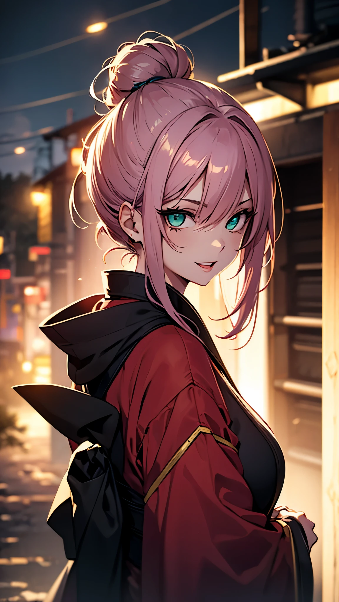(1girl:1.3), Masterpiece, Best quality, amazing beauty, [[3D]], 4K, absurdres, finely detail, super detailed eye, perfect anatomy, official art, cinematic lighting, BREAK, foret, banboo, midnight, hair bun, pink hair, super shiny detailed green eyes, big eyes, cute eyes, thin eyebrow, Staring, open-mouth, thin lips, smile, mascara, rouge, Eyeliner, pink lips, shy, BREAK , huge breasts, tall, slim, pale skin, porcelain skin, cross arms in front, from behind, BREAK ,（kimono:1.3）