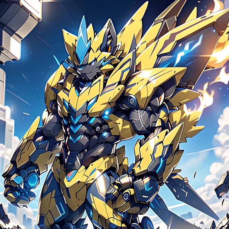 In space,(ZERAORA, 8K), NSFW, Additional details: (masterpiece, official art, 8k, best quality) terrifying and imposing design, (smoke and flames rising from the destruction in the background, a lone figure) (high-tech bio-mecha armor, real texture material), (gigantic muscles, Gigachad Muscular, big muscle, pecs, triceps, traps, unusually developed muscular body, body full of huge muscles. showing off muscles, pectorales enormes, Exaggeratedly huge muscles.),(Spread wings, It has wings, have big wings, golden wings), (whole body shines like metal, Wearing cyberpunk mecha, emphasizes the muscles, suit fully made of metal, intricate armor, Robotic suit, suit fully made of metal, cyborg), (giant zeraora, Zeraora's giant robot, Powered exoskeleton with the same design as Zeraora), (Masterpiece, highres) (Detailed head, Detailed Body, Detailed abs, full body), gundam,