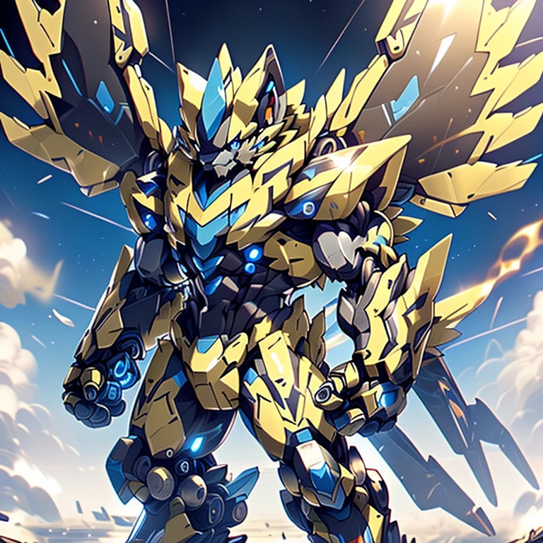 In space，(ZERAORA, 8K), NSFW, Additional details: (masterpiece, official art, 8k, best quality) terrifying and imposing design, (smoke and flames rising from the destruction in the background, a lone figure) (high-tech bio-mecha armor, real texture material), (gigantic muscles, Gigachad Muscular, big muscle, pecs, triceps, traps, unusually developed muscular body, body full of huge muscles. showing off muscles, pectorales enormes, Exaggeratedly huge muscles.),(Spread wings, It has wings, have big wings, golden wings), (whole body shines like metal, Wearing cyberpunk mecha, emphasizes the muscles, suit fully made of metal, intricate armor, Robotic suit, suit fully made of metal, cyborg), (giant zeraora, Zeraora's giant robot, Powered exoskeleton with the same design as Zeraora), (Masterpiece, highres) (Detailed head, Detailed Body, Detailed abs, full body), gundam,