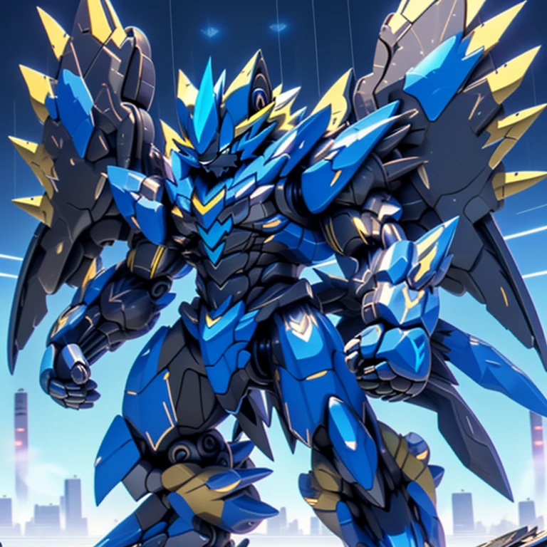 (ZERAORA, 8K), giant mechanical Muscular Zeraora is trampling the city, NSFW, Zeraora is over 1000 meters long. Additional details: (masterpiece, official art, 8k, best quality) terrifying and imposing design, (smoke and flames rising from the destruction in the background, a lone figure) (high-tech bio-mecha armor, real texture material), (gigantic muscles, Gigachad Muscular, big muscle, pecs, triceps, traps, unusually developed muscular body, body full of huge muscles. showing off muscles, pectorales enormes, Exaggeratedly huge muscles.),(Spread wings, It has wings, have big wings, golden wings), (whole body shines like metal, Wearing cyberpunk mecha, emphasizes the muscles, suit fully made of metal, intricate armor, Robotic suit, suit fully made of metal, cyborg), (giant zeraora, Zeraora's giant robot, Powered exoskeleton with the same design as Zeraora), (Masterpiece, highres) (Detailed head, Detailed Body, Detailed abs, full body, gundam,