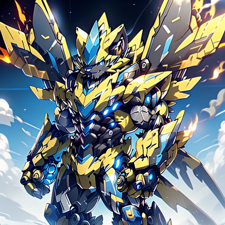 In space，(ZERAORA, 8K), NSFW, Additional details: (masterpiece, official art, 8k, best quality) terrifying and imposing design, (smoke and flames rising from the destruction in the background, a lone figure) (high-tech bio-mecha armor, real texture material), (gigantic muscles, Gigachad Muscular, big muscle, pecs, triceps, traps, unusually developed muscular body, body full of huge muscles. showing off muscles, pectorales enormes, Exaggeratedly huge muscles.),(Spread wings, It has wings, have big wings, golden wings), (whole body shines like metal, Wearing cyberpunk mecha, emphasizes the muscles, suit fully made of metal, intricate armor, Robotic suit, suit fully made of metal, cyborg), (giant zeraora, Zeraora's giant robot, Powered exoskeleton with the same design as Zeraora), (Masterpiece, highres) (Detailed head, Detailed Body, Detailed abs, full body), gundam,