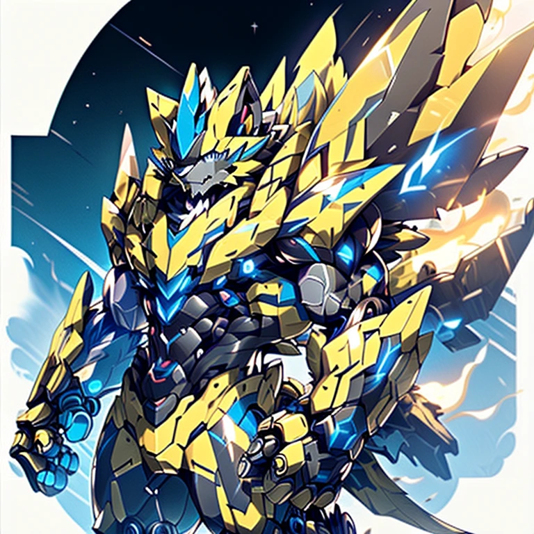 In space,(ZERAORA, 8K), NSFW, Additional details: (masterpiece, official art, 8k, best quality) terrifying and imposing design, (smoke and flames rising from the destruction in the background, a lone figure) (high-tech bio-mecha armor, real texture material), (gigantic muscles, Gigachad Muscular, big muscle, pecs, triceps, traps, unusually developed muscular body, body full of huge muscles. showing off muscles, pectorales enormes, Exaggeratedly huge muscles.),(Spread wings, It has wings, have big wings, golden wings), (whole body shines like metal, Wearing cyberpunk mecha, emphasizes the muscles, suit fully made of metal, intricate armor, Robotic suit, suit fully made of metal, cyborg), (giant zeraora, Zeraora's giant robot, Powered exoskeleton with the same design as Zeraora), (Masterpiece, highres) (Detailed head, Detailed Body, Detailed abs, full body), gundam,