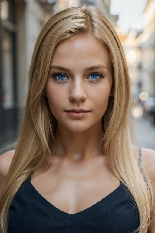 ((Best quality, 8k, Masterpiece:1.3)), Swedish blonde girl, blue eyes, head, Sharp focus:1.2, A pretty woman with a perfect figure:1.4, ((Blonde hair,:1.2 )), black top:1.1,Very detailed face and skin texture, Detailed eyes, on the street