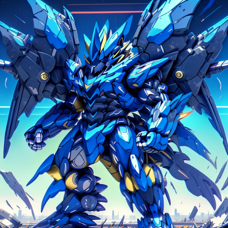 (ZERAORA, 8K), giant mechanical Muscular Zeraora is trampling the city, NSFW, Zeraora is over 1000 meters long. Additional details: (masterpiece, official art, 8k, best quality) terrifying and imposing design, (smoke and flames rising from the destruction in the background, a lone figure) (high-tech bio-mecha armor, real texture material), (gigantic muscles, Gigachad Muscular, big muscle, pecs, triceps, traps, unusually developed muscular body, body full of huge muscles. showing off muscles, pectorales enormes, Exaggeratedly huge muscles.),(Spread wings, It has wings, have big wings, golden wings), (whole body shines like metal, Wearing cyberpunk mecha, emphasizes the muscles, suit fully made of metal, intricate armor, Robotic suit, suit fully made of metal, cyborg), (giant zeraora, Zeraora's giant robot, Powered exoskeleton with the same design as Zeraora), (Masterpiece, highres) (Detailed head, Detailed Body, Detailed abs, full body, gundam,