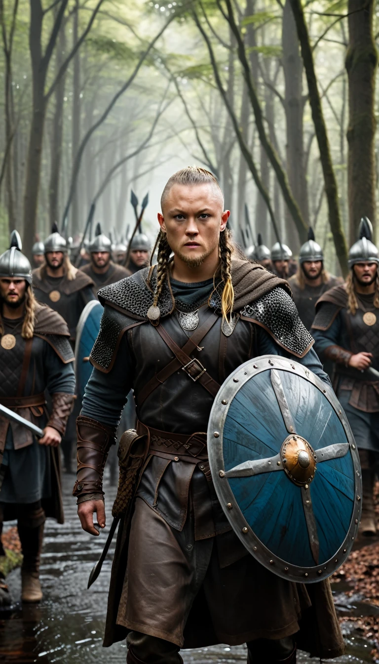 Cinematic style, Illustrate Ragnar Lothbrok leading his Viking warriors through a dense forest, with swords drawn and shields raised, background dark, hyper realistic, ultra detailed hyper realistic, photorealistic, Studio Lighting, reflections, dynamic pose, Cinematic, Color Grading, Photography, Shot on 50mm lens, Ultra-Wide Angle, Depth of Field, hyper-detailed, beautifully color, 8k, golden light from the front,