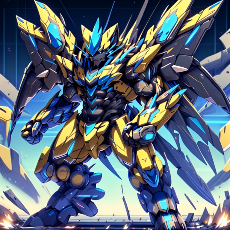 (ZERAORA, 8K), giant mechanical Muscular Zeraora is trampling the city, NSFW, Zeraora is over 1000 meters long. Additional details: (masterpiece, official art, 8k, best quality) terrifying and imposing design, (smoke and flames rising from the destruction in the background, a lone figure) (high-tech bio-mecha armor, real texture material), (gigantic muscles, Gigachad Muscular, big muscle, pecs, triceps, traps, unusually developed muscular body, body full of huge muscles. showing off muscles, pectorales enormes, Exaggeratedly huge muscles.),(Spread wings, It has wings, have big wings, golden wings), (whole body shines like metal, Wearing cyberpunk mecha, emphasizes the muscles, suit fully made of metal, intricate armor, Robotic suit, suit fully made of metal, cyborg), (giant zeraora, Zeraora's giant robot, Powered exoskeleton with the same design as Zeraora), (Masterpiece, highres) (Detailed head, Detailed Body, Detailed abs, full body, gundam,